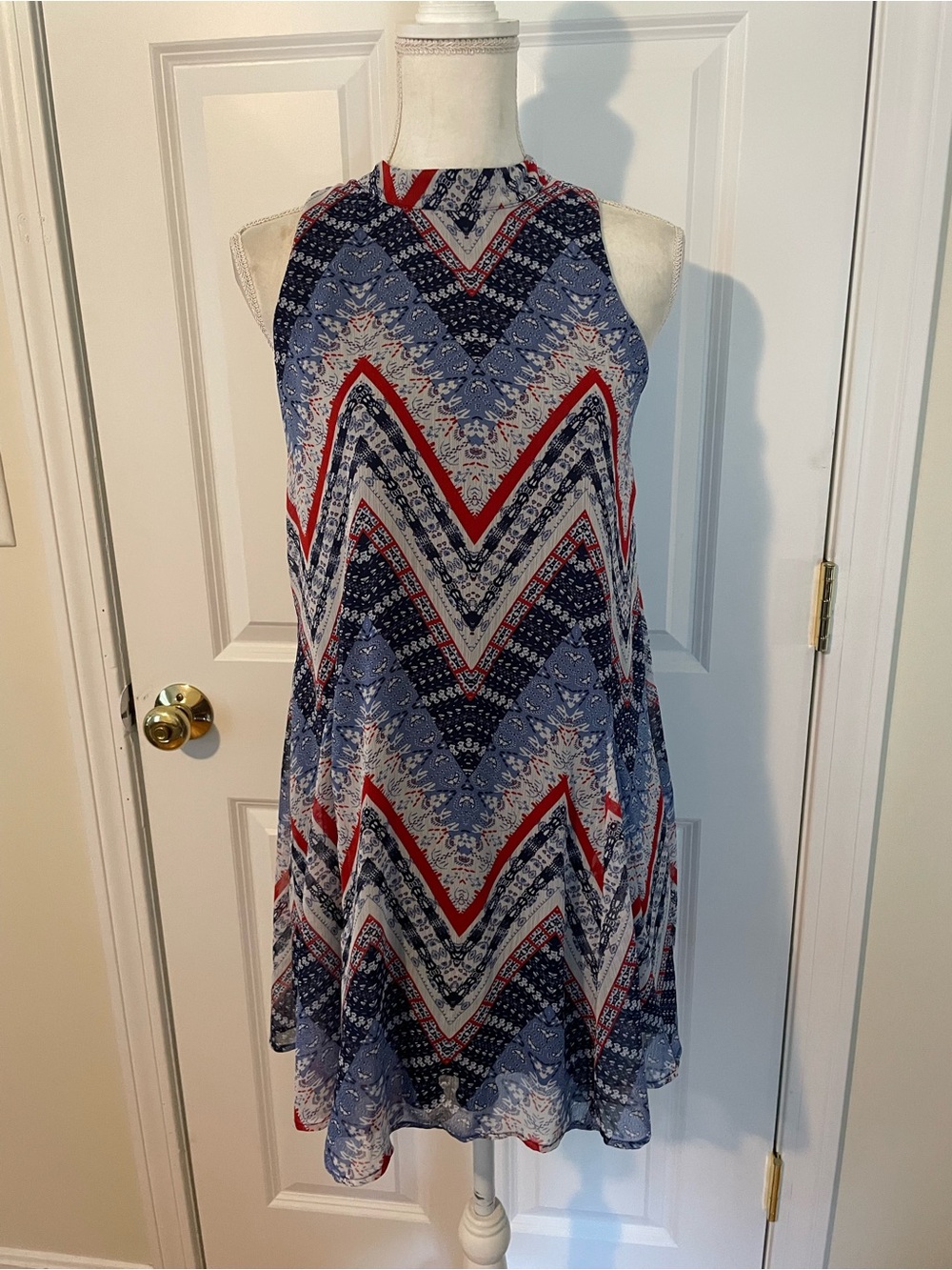 Speechless Navy and Red Chevron Halter Mini Dress lined
